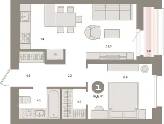 Дом 11 - Планировка однокомнатной квартиры в ЖК Южные кварталы в Екатеринбурге