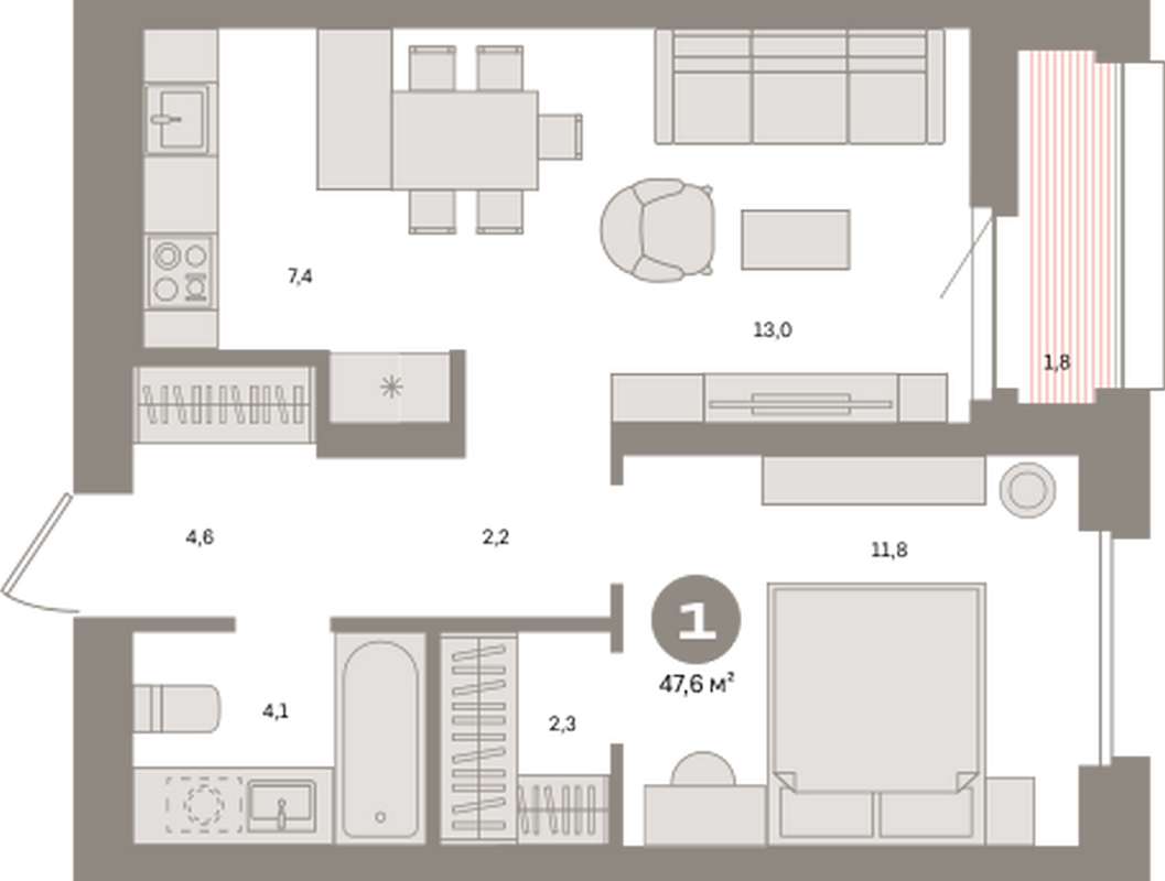 1-комнатная квартира 47,6 м² в ЖК Южные кварталы в Екатеринбурге - Купить  по цене от застройщика