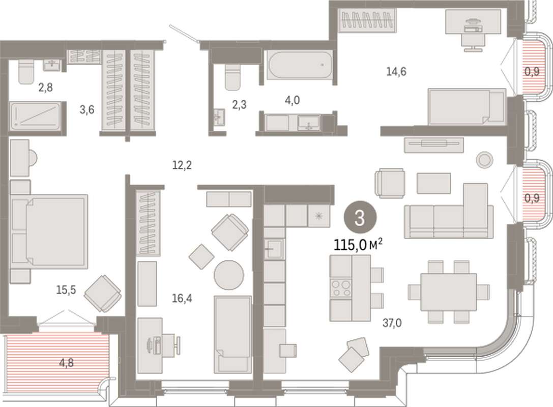 3-комнатная квартира 115 м² во 2 доме в ЖК на Некрасова в Екатеринбурге -  Купить по цене от застройщика