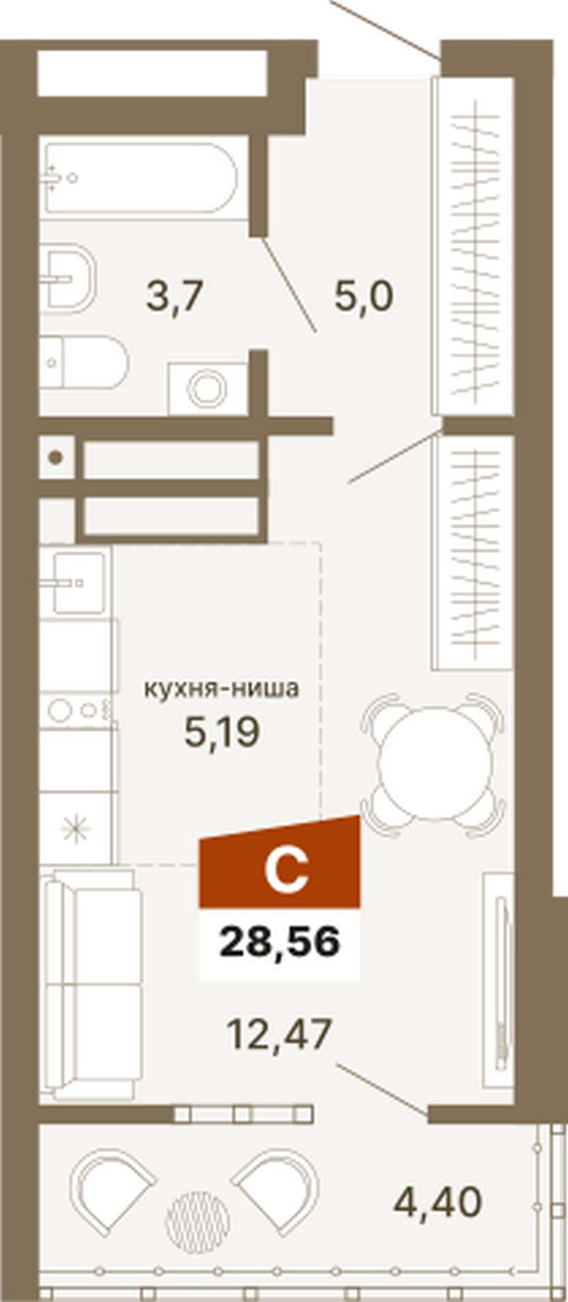 Квартира-студия 28,56 м² в ЖК Трилогия в Екатеринбурге - Купить по цене от  застройщика