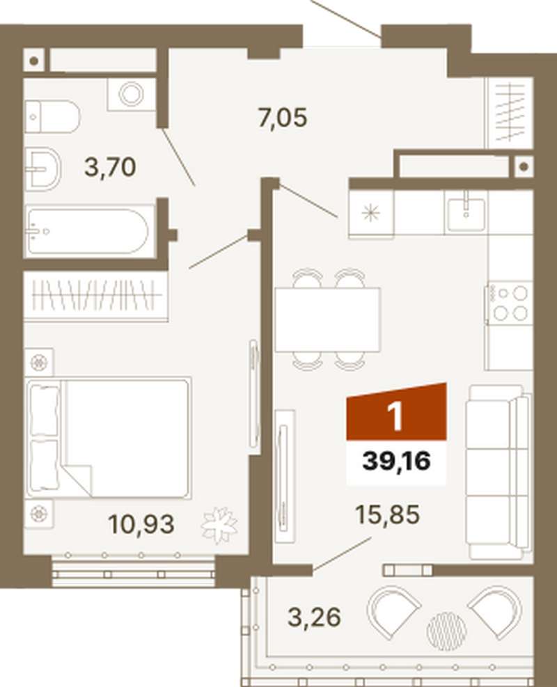 1-комнатная квартира 39,16 м² в ЖК Трилогия в Екатеринбурге - Купить по  цене от застройщика