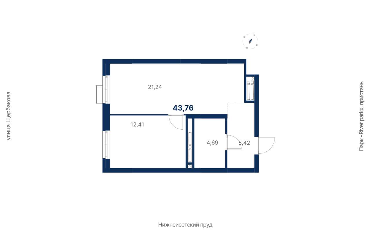 1-комнатная квартира 43,76 м² в 1 корпусе в ЖК Атлас Ривер в Екатеринбурге  - Купить по цене от застройщика