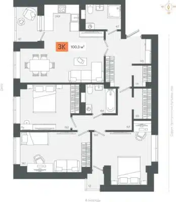 3 очередь | Дома 1; 2 - Планировка трехкомнатной квартиры (и больше) в ЖК Zori в Березовском