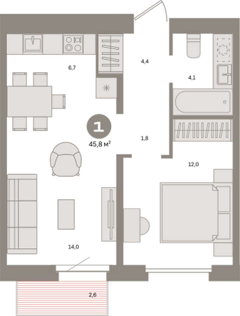 1-комнатная квартира 45,8 м² в ЖК Южные кварталы в Екатеринбурге - Купить  по цене от застройщика