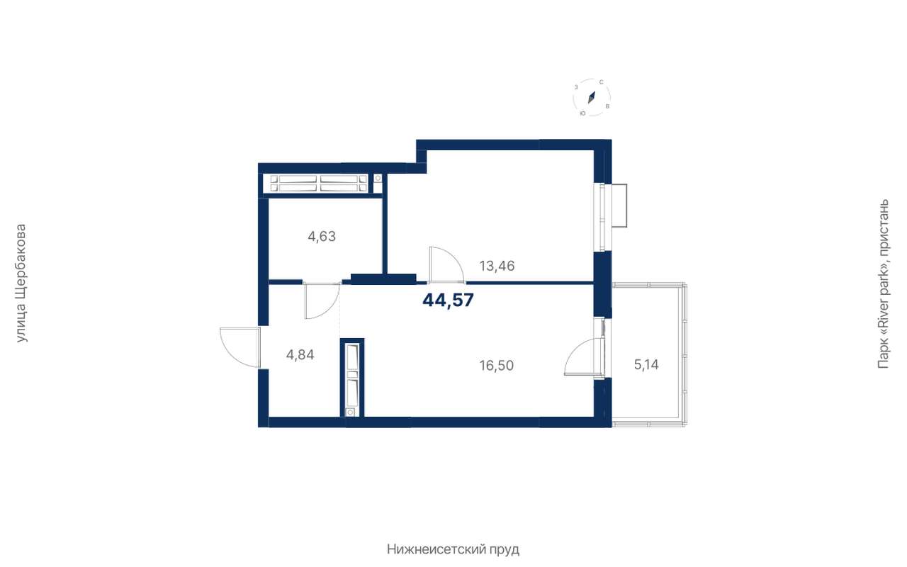 1-комнатная квартира 44,57 м² в 1 корпусе в ЖК Атлас Ривер в Екатеринбурге  - Купить по цене от застройщика