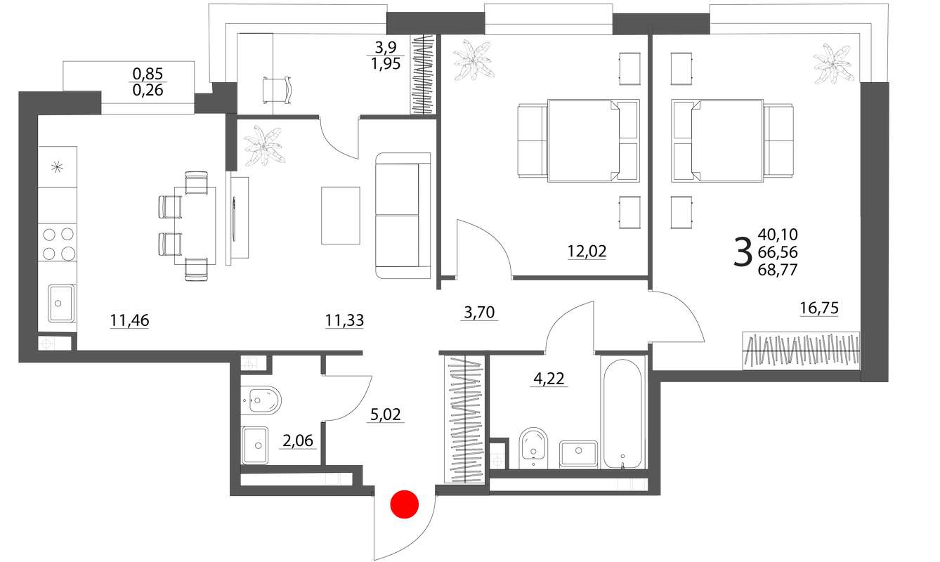 2-комнатная квартира 68,77 м² в доме на Габдуллы Тукая 2а в ЖК  Брусницын-парк в Березовском - Купить по цене от застройщика