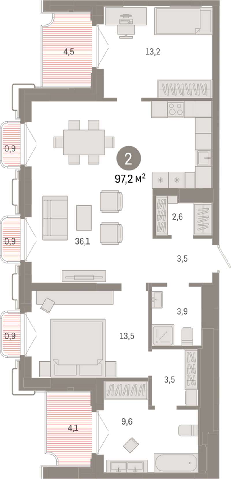 2-комнатная квартира 97,2 м² во 2 доме в ЖК на Некрасова в Екатеринбурге -  Купить по цене от застройщика