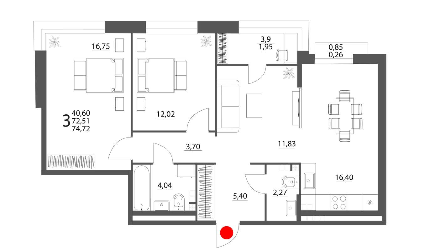 2-комнатная квартира 74,72 м² в доме на Габдуллы Тукая 2а в ЖК  Брусницын-парк в Березовском - Купить по цене от застройщика