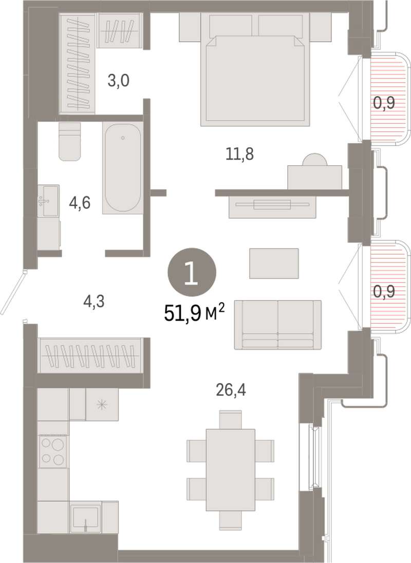 1-комнатная квартира 51,9 м² во 2 доме в ЖК на Некрасова в Екатеринбурге -  Купить по цене от застройщика