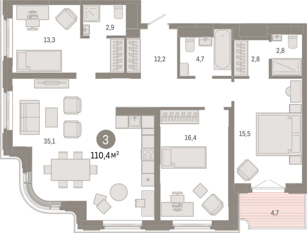 3-комнатная квартира 110,4 м² во 2 доме в ЖК на Некрасова в Екатеринбурге -  Купить по цене от застройщика