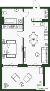 Дом 4 (по ГП)| Секции 10-12; 16 - Планировка однокомнатной квартиры в ЖК Парковый квартал 2.0 в Екатеринбурге