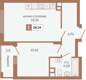 Секции 1Г - Планировка однокомнатной квартиры в ЖК Видный в Екатеринбурге