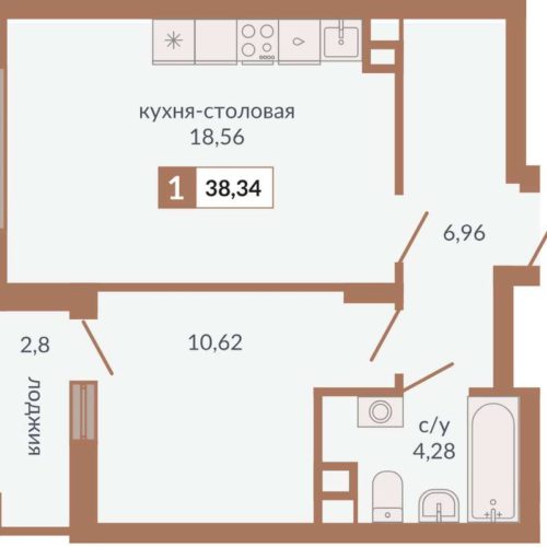 Секции 1Г - Планировка однокомнатной квартиры в ЖК Видный в Екатеринбурге