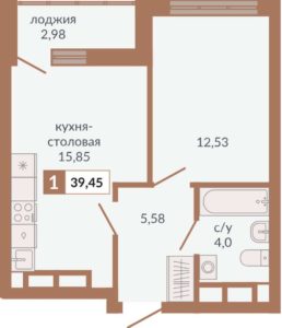 Секции 1Д - Планировка однокомнатной квартиры в ЖК Видный в Екатеринбурге
