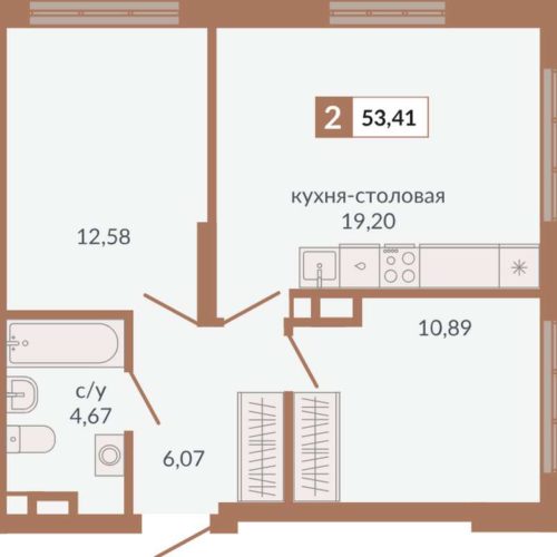 Секции 1Д - Планировка двухкомнатной квартиры в ЖК Видный в Екатеринбурге