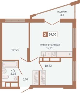 Секции 1Д - Планировка двухкомнатной квартиры в ЖК Видный в Екатеринбурге