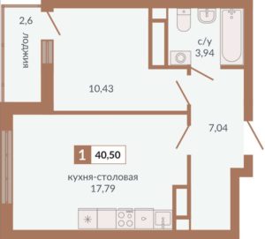 Секции 1Г - Планировка однокомнатной квартиры в ЖК Видный в Екатеринбурге