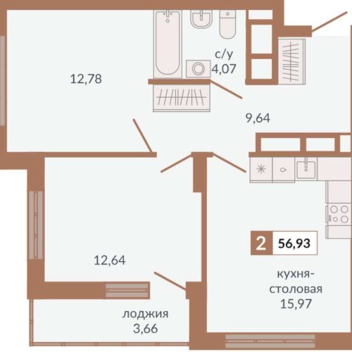 Секции 1Д - Планировка двухкомнатной квартиры в ЖК Видный в Екатеринбурге