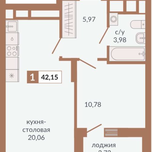 Секции 1Д - Планировка однокомнатной квартиры в ЖК Видный в Екатеринбурге