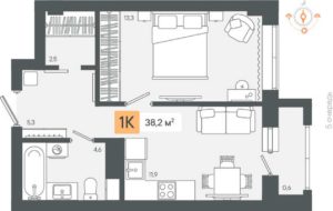 2 очередь | Секции 1-8 - Планировка однокомнатной квартиры в ЖК Zori в Березовском