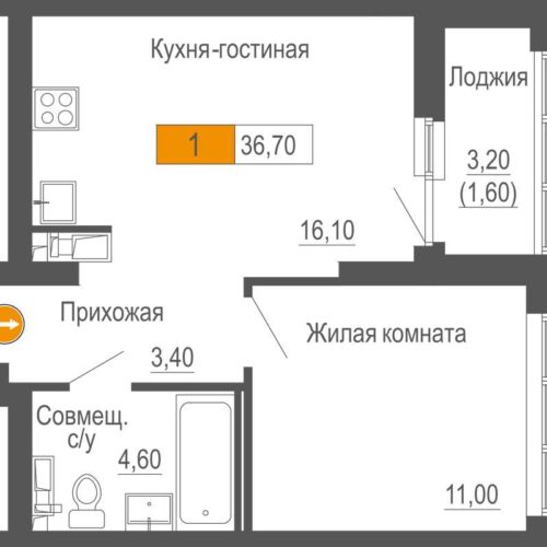 Дом 1 - Планировка однокомнатной квартиры в ЖК Башня Времени в Екатеринбурге