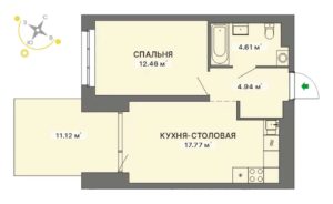 1 очередь | Дом 1 - Планировка однокомнатной квартиры в ЖК Квартал на Турбинке в Екатеринбурге