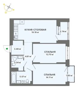 1 очередь | Дом 2 - Планировка двухкомнатной квартиры в ЖК Квартал на Турбинке в Екатеринбурге