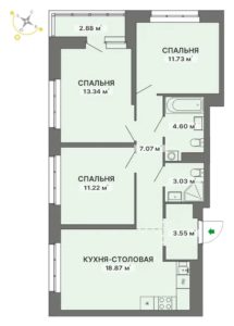 1 очередь | Дом 2 - Планировка трехкомнатной квартиры (и больше) в ЖК Квартал на Турбинке в Екатеринбурге