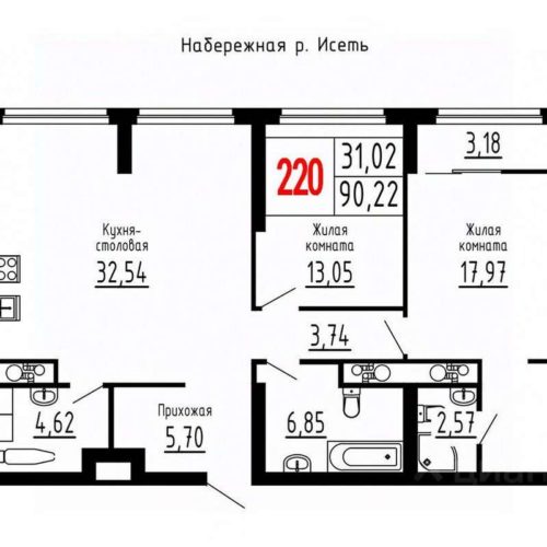 Дом 1 - Планировка двухкомнатной квартиры в ЖК Лувр в Екатеринбурге