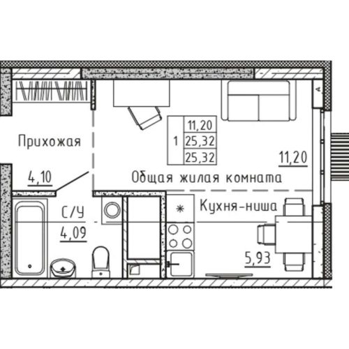 Секция 2 - Планировка студии в ЖК Бодровский в Екатеринбурге