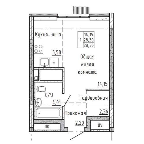 Секция 1 - Планировка студии в ЖК Бодровский в Екатеринбурге